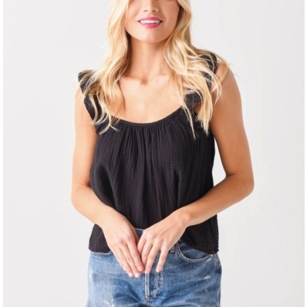 Xirena Black Cotton Gauze Ruffle Strap Adjustable Coquette Tank Top | Size M